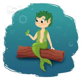 Маленький русалёнок-Водяной. Детская иллюстрация
