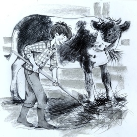 Мальчик работает в хлеву