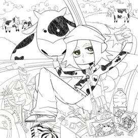 Детская раскраска Лето в деревне Селфи с коровой