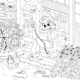 Детская раскраска Лето в деревне кошачья семья