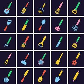 Набор векторных цветных иконок Кухонная утварь