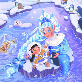 Снегурочка спасает девочку, чья льдина откололась от берега.