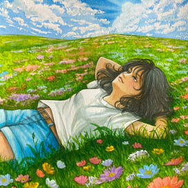 на лужайке наблюдая за облаками. Иллюстрация для колоды МАК