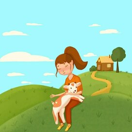 Упаковка кефира, девочка и коза