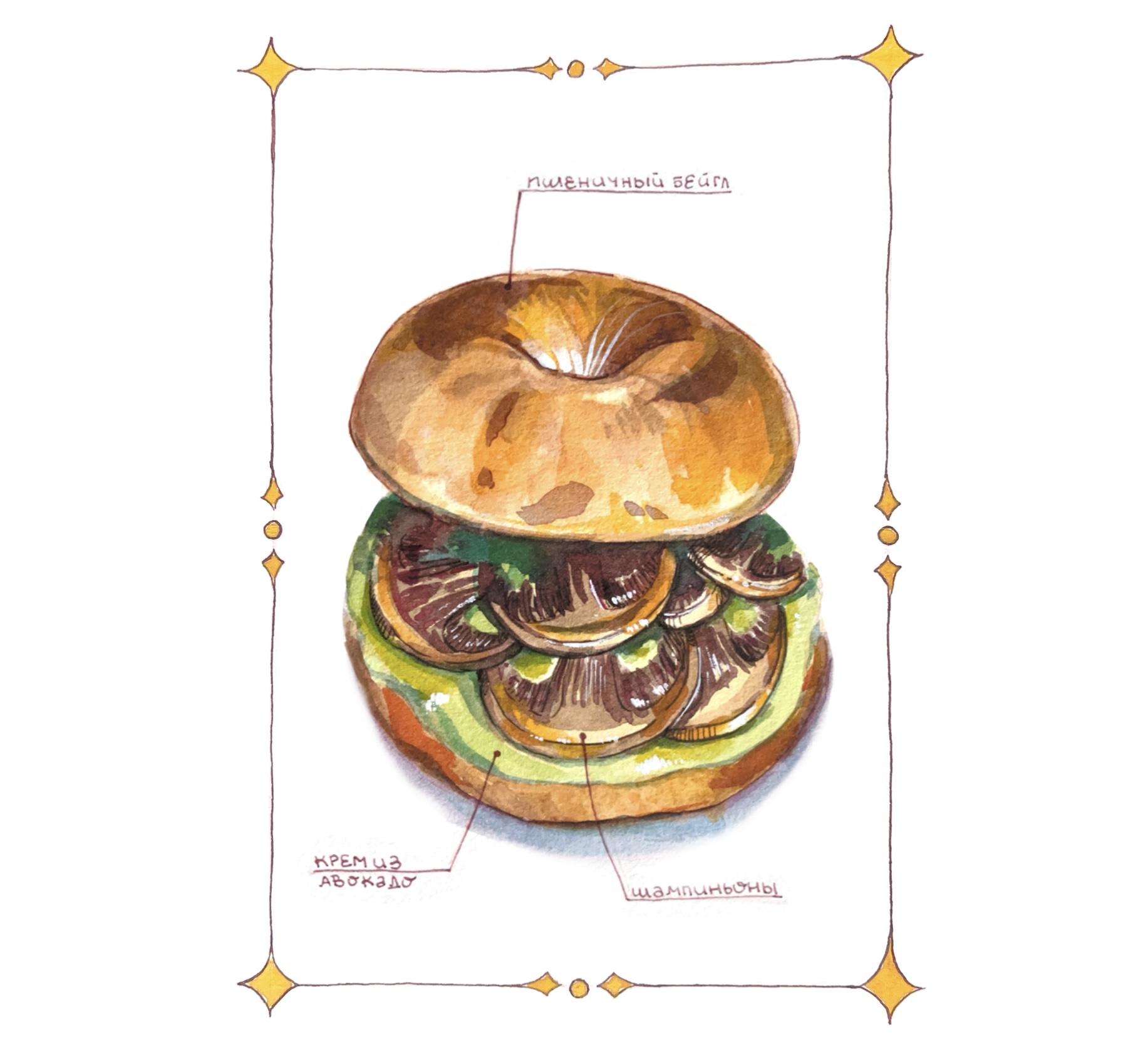 Бейгл с грибами и авокадо