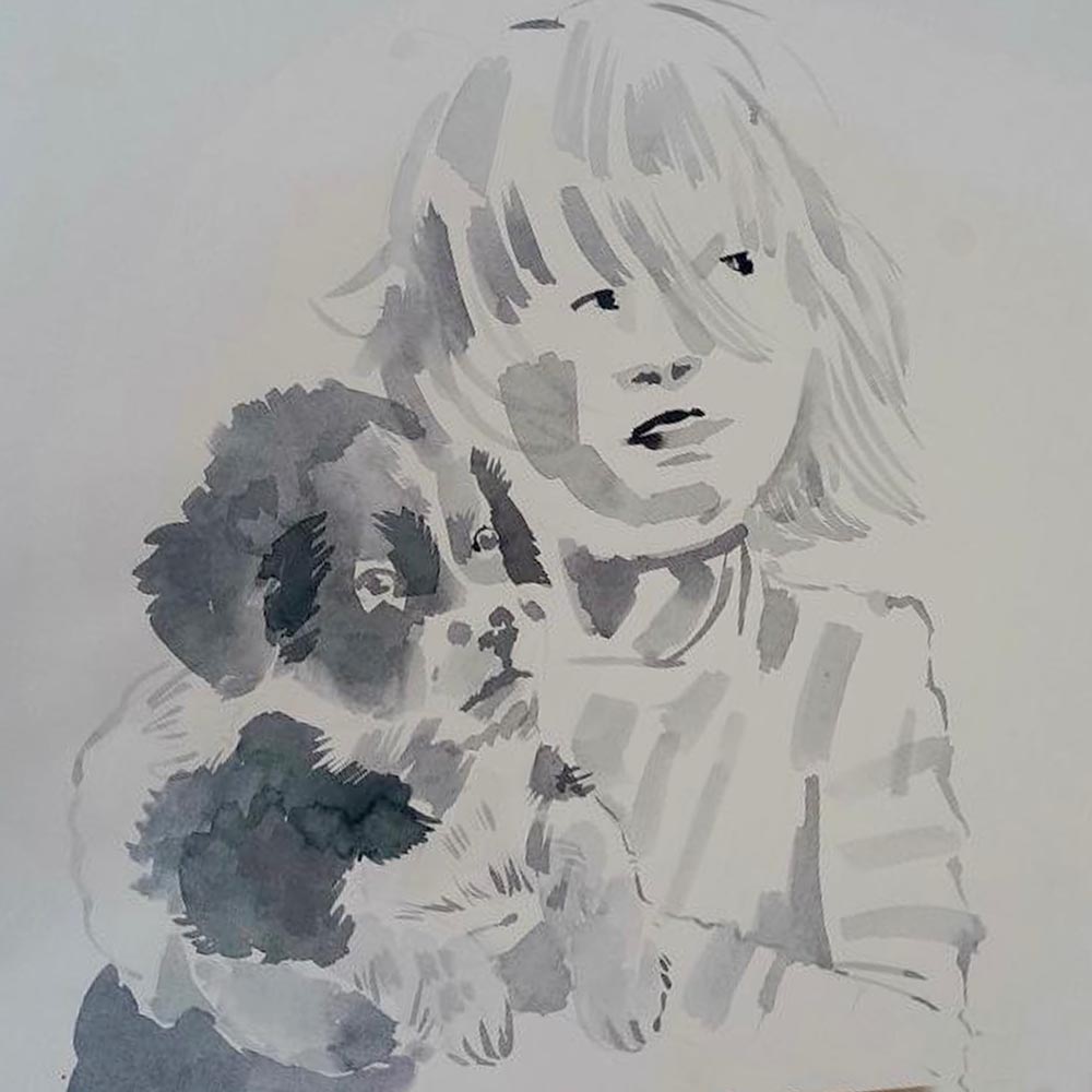 Черно-белая иллюстрация девочка с щенком