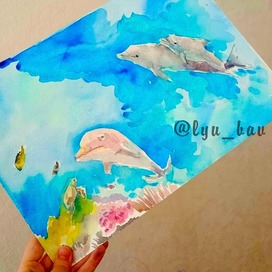 Дельфины акварель. Океан