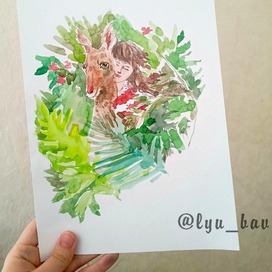 Девушка и олень_акварель