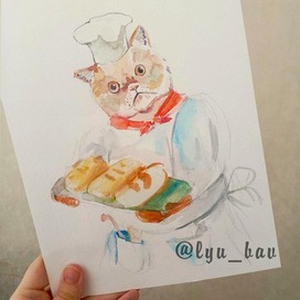 Акварельный кот пекарь