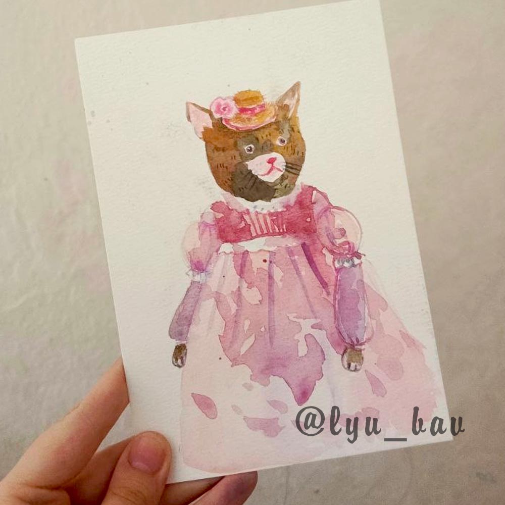 Кошка в платье. Акварель