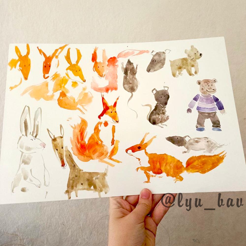 Акварельные поиски животных. Персонажей