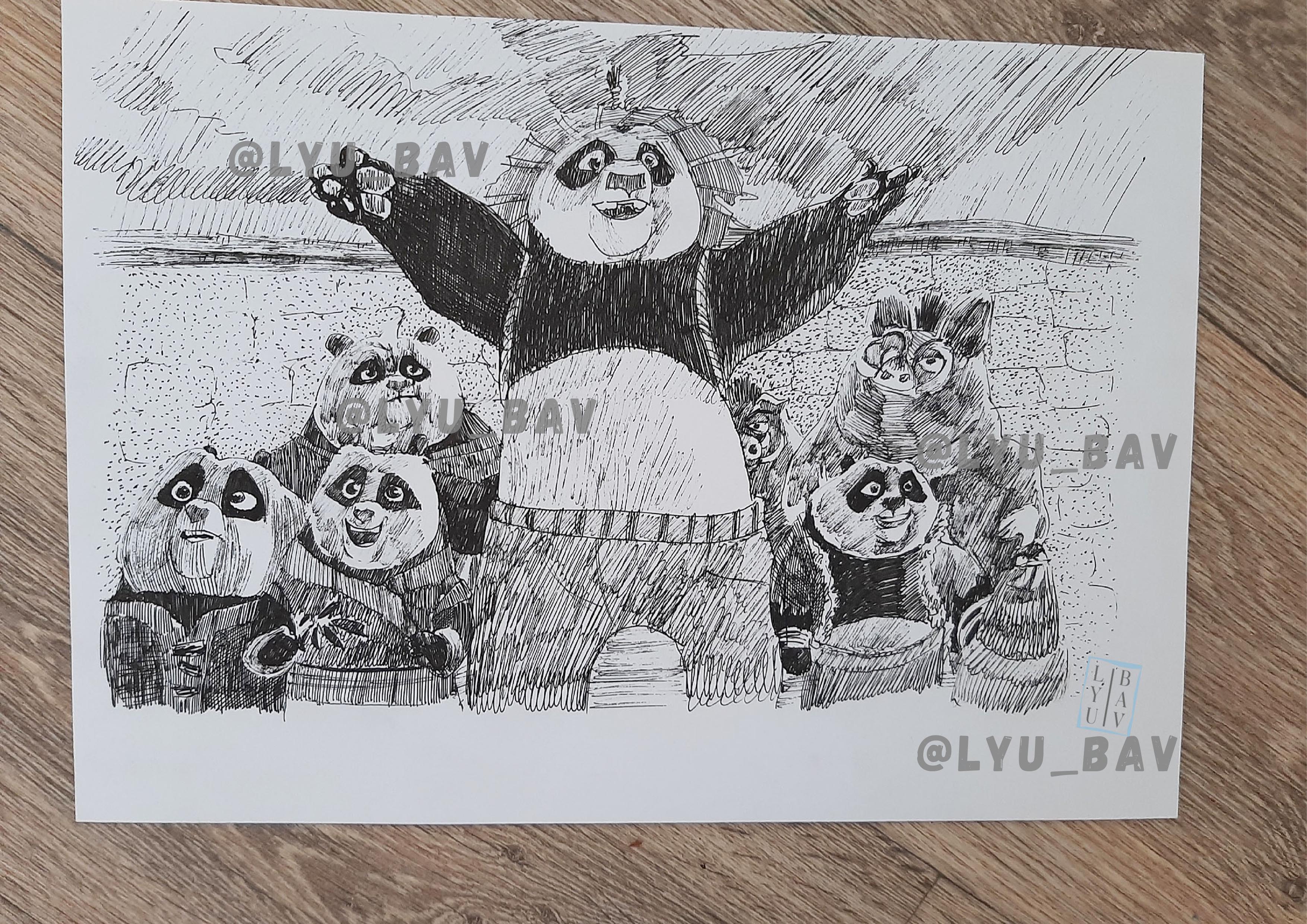 Графика черно-белая иллюстрация панда кунг-фу