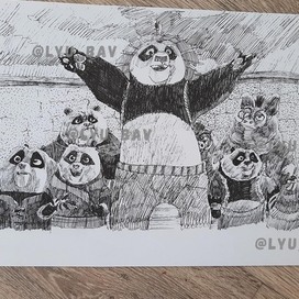 Графика черно-белая иллюстрация панда кунг-фу