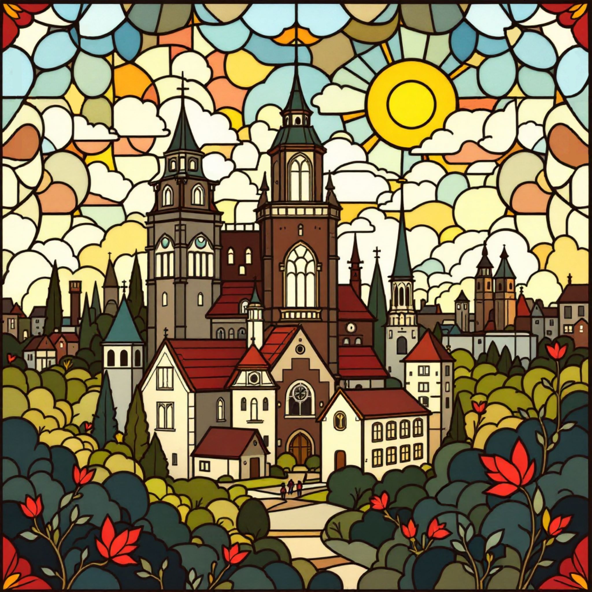 Средневековый город иллюстрация в технике витраж