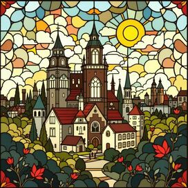 Средневековый город иллюстрация в технике витраж