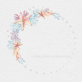 Круглая рамка с морским звездами, водорослями и кораллами