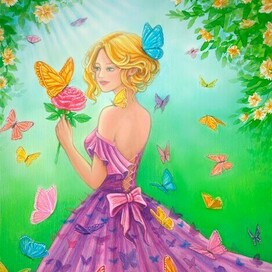 Платье из бабочек на девушке в летнем саду / Иллюстрация 