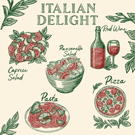 Иллюстрация итальянской кухни в винтажном стиле