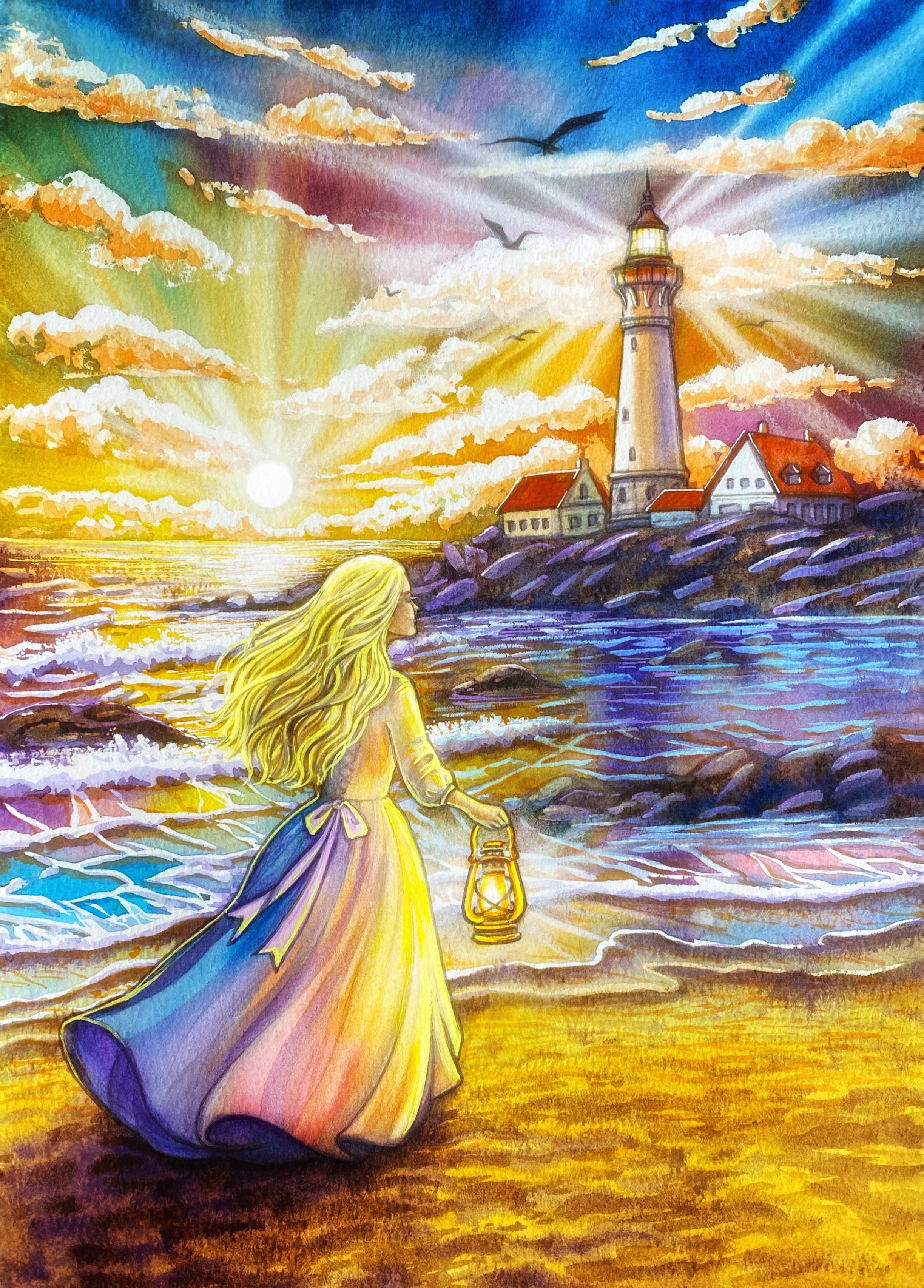 Маяк на побережье с девушкой с фонарем. Иллюстрация карт МАК