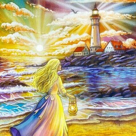 Маяк на побережье с девушкой с фонарем. Иллюстрация карт МАК