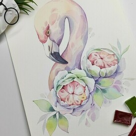 Акварельный фламинго в цветах