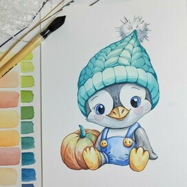 Осенняя иллюстрация с пингвиненком