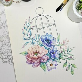 Акварельная цветочная композиция с клеткой