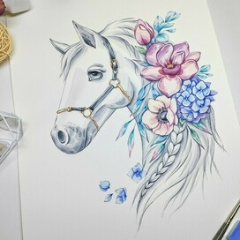 Животное и цветы акварелью