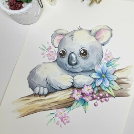 Животное Коала на дереве с цветами