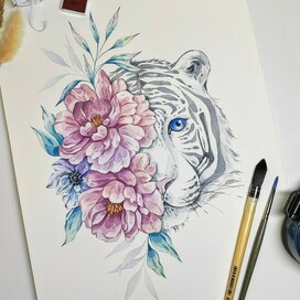 Композиция Тигр и Пионы акварелью