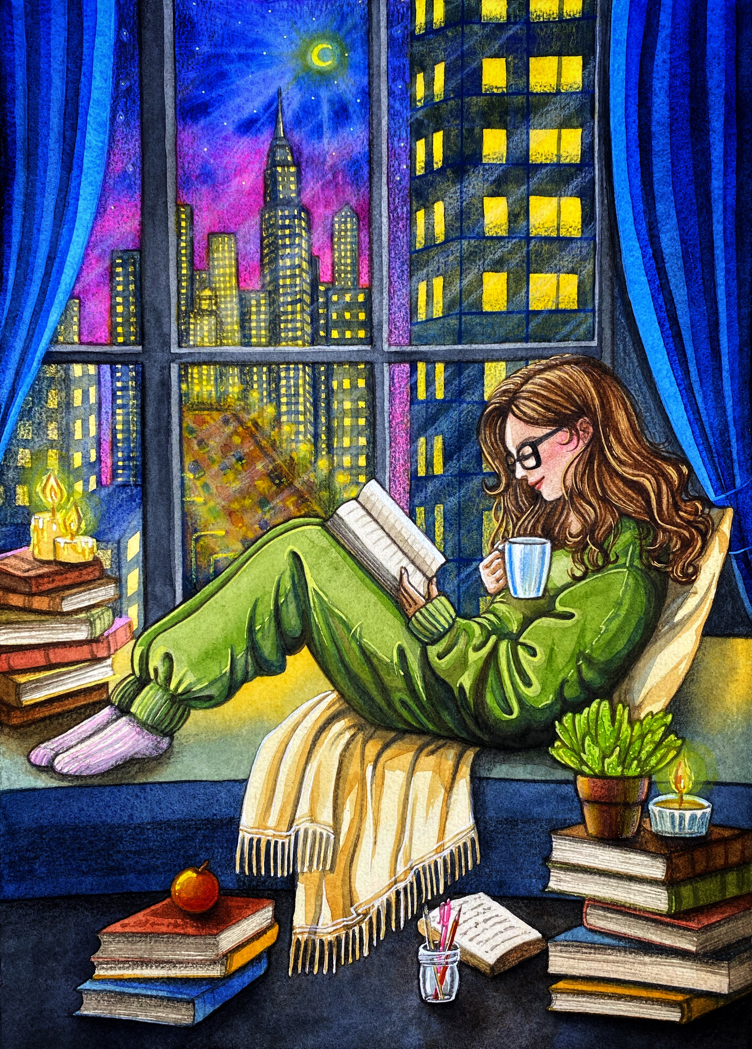 Ночное чтение сидя на подоконнике у окна. Иллюстрация