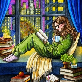 Ночное чтение сидя на подоконнике у окна. Иллюстрация 