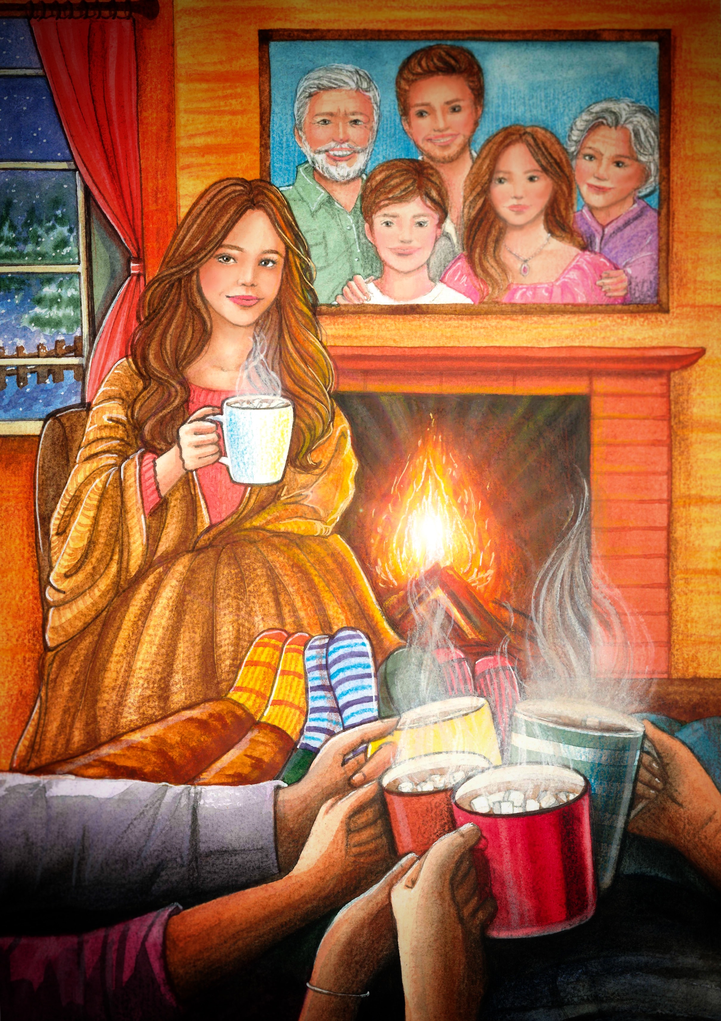Семейный вечер у камина - акварельная иллюстрация для колоды
