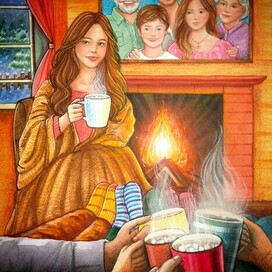 Семейный вечер у камина - акварельная иллюстрация для колоды