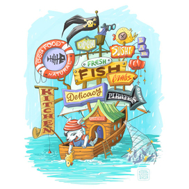 Пиратская доставка еды. Иллюстрация и леттеринг