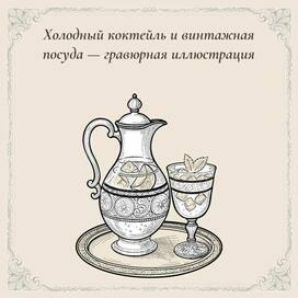 Холодный коктейль и винтажная посуда — гравюра