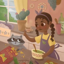 Девочка и енот готовят вместе. Детская иллюстрация