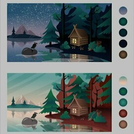 Избушка в 3-х палитрах (осень, лето, ночь)