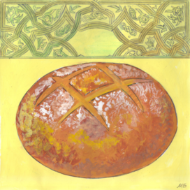 Для детского журнала: "А почему?" Рубрика" Со всего света". Редакция-Юный техник. Иллюстрация с расчётом на уменьшение. Тема: Хлеб по старинному рецепту .Техника : Бумага, акрил,гуашь,тушь.