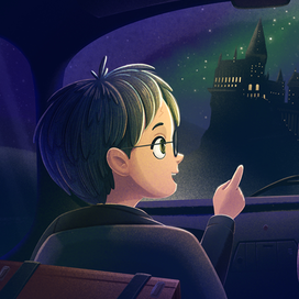 Гарри и Рон в машине на пути в Хогвартс