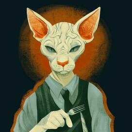 Кот с ножом и вилкой