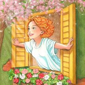 Девушка распахивает окно в весну. Иллюстрация для карт МАК