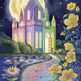 Замок из кристаллов и цветы ночью