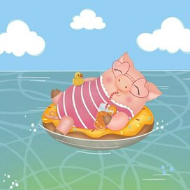 Веселая свинка на море. Иллюстрация для открытки