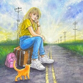 на чемодане девушка с котом. Иллюстрация для карт МАК