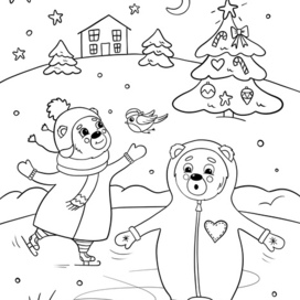 Детская раскраска. Мишки на катке