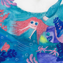 Разворот акварелью в детскую книгу про русалочку