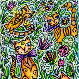 Коты, цветы