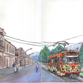 Вид горда Владикавказ. Разворот о городе и трамвае, раскрашенном под снежного барса. Пустое место оставлено для текста. Иллюстрация для детского журнала «НОГДЗАУ»(Пионер). Опубликовано. Журнал издаётся в Республике Северная Осетия—Алания, во Владикавказе. Журнал на русском и осетинском языках. Техника иллюстрации: Бумага, акрил, гуашь, тушь. Художник Марат Брызгалов.