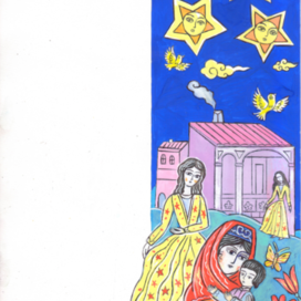 Иллюстрация для детских стихов. Пустое место оставлено для текста. Иллюстрация для детского журнала «НОГДЗАУ»(Пионер). Опубликовано. Журнал издаётся в Республике Северная Осетия—Алания, во Владикавказе. Журнал на русском и осетинском языках. Техника иллюстрации: Бумага, гуашь, акрил, тушь. Художник Марат Брызгалов.